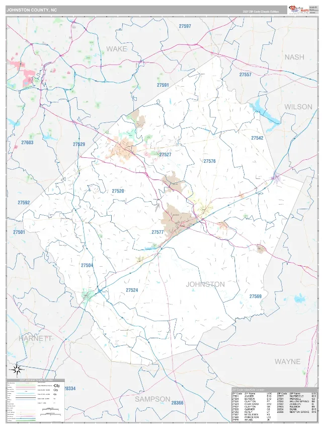 Johnston County, NC ZIP Code Wall Map, Classic style