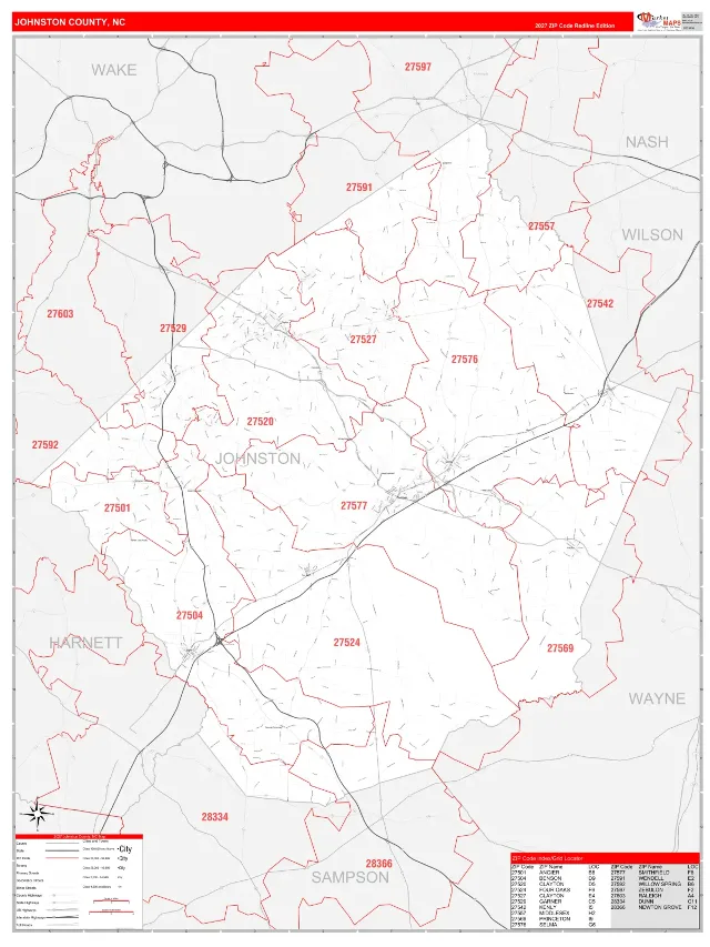 Johnston County, NC ZIP Code Wall Map, RedLine style