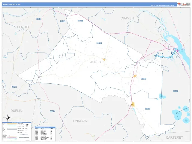 Jones County, NC ZIP Code Wall Map, Business Reference style