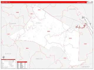Jones County, NC RedLine style ZIP Code wall map