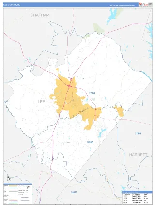 Lee County, NC Business Reference style ZIP Code wall map