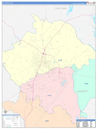 Lee County, NC ColorCast style ZIP Code wall map