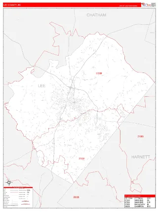 Lee County, NC RedLine style ZIP Code wall map