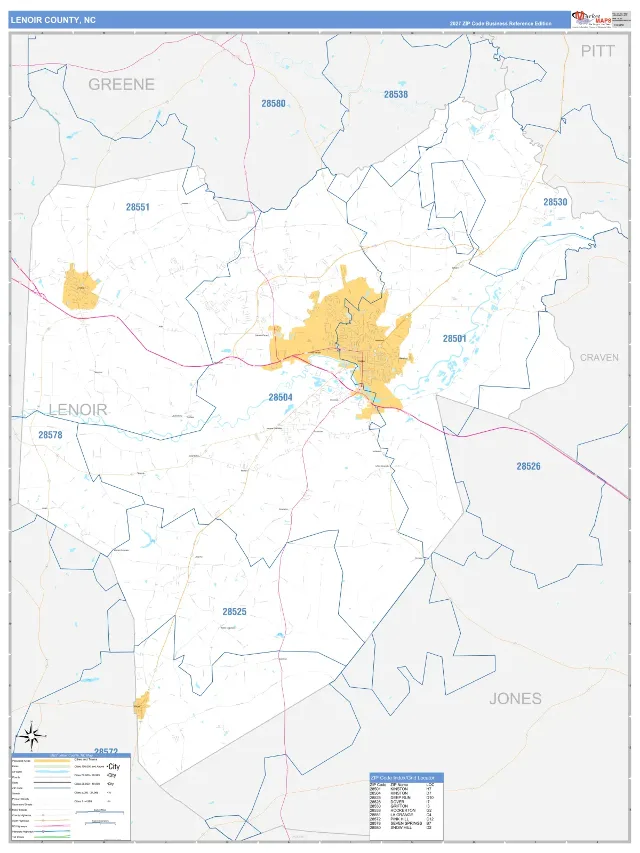 Lenoir County, NC ZIP Code Wall Map, Business Reference style