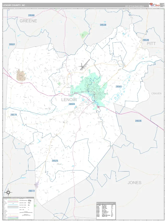 Lenoir County, NC ZIP Code Wall Map, Classic style