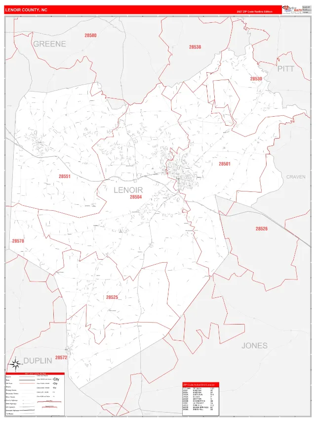 Lenoir County, NC ZIP Code Wall Map, RedLine style
