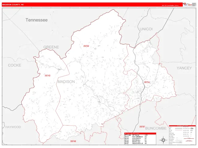 Madison County, NC ZIP Code Wall Map, RedLine style