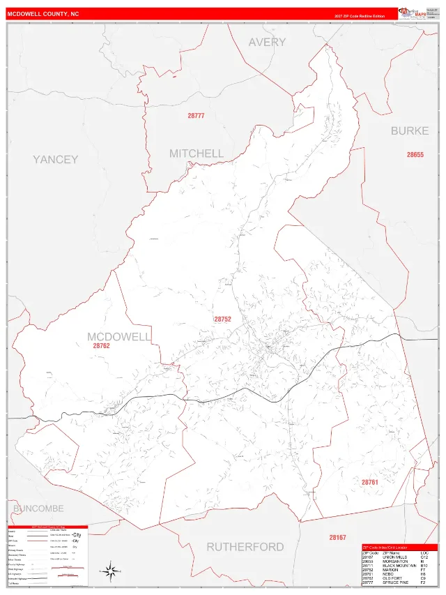 McDowell County, NC ZIP Code Wall Map, RedLine style
