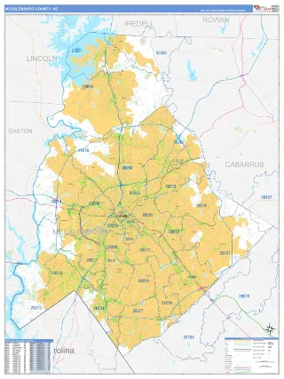 Mecklenburg County, NC Business Reference style ZIP Code wall map