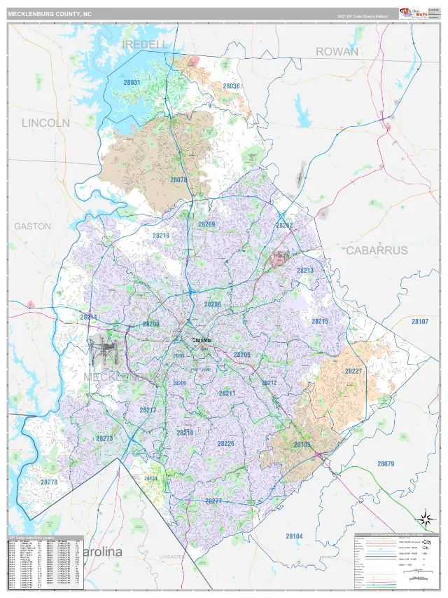 Mecklenburg County, NC ZIP Code Wall Map, Classic style
