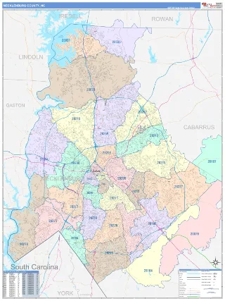 Mecklenburg County, NC ColorCast style ZIP Code wall map