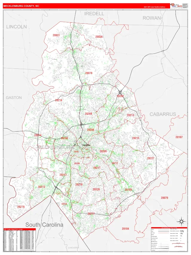 Mecklenburg County, NC ZIP Code Wall Map, RedLine style