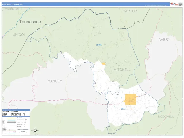 Mitchell County, NC ZIP Code Wall Map, Business Reference style