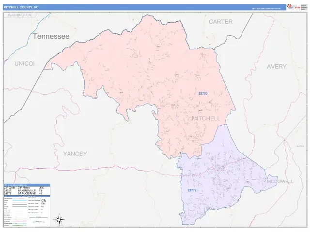 Mitchell County, NC ZIP Code Wall Map, ColorCast style