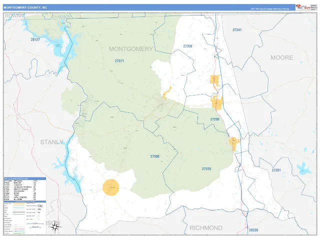 Montgomery County, NC ZIP Code Wall Map, Business Reference style