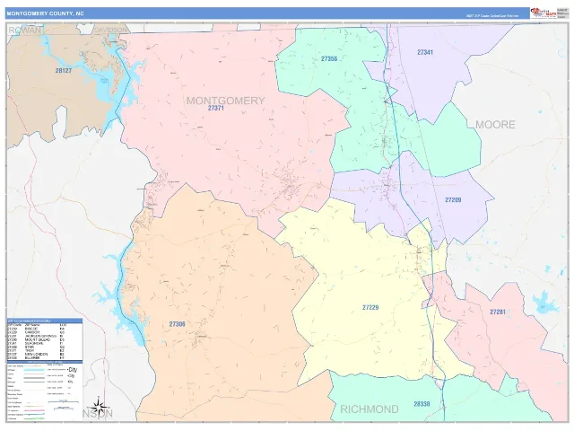 Montgomery County, NC ZIP Code Wall Map, ColorCast style