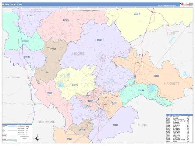 Moore County, NC ZIP Code Wall Map, ColorCast style