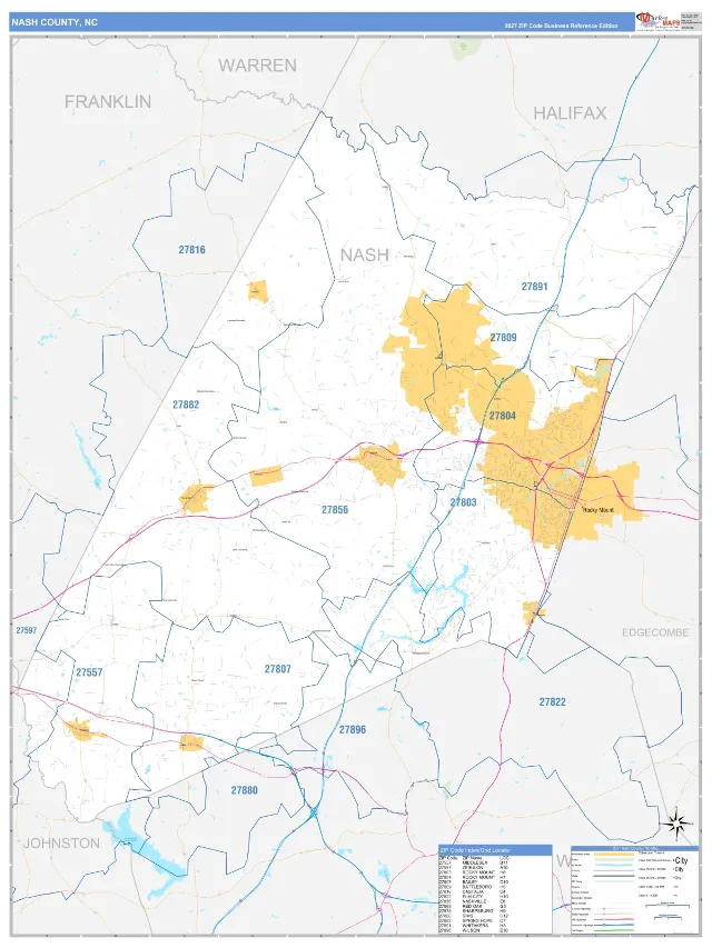 Nash County, NC ZIP Code Wall Map, Business Reference style
