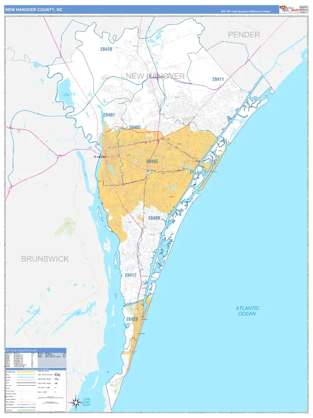 New Hanover County, NC ZIP Code Wall Map, Business Reference style