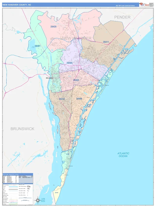 New Hanover County, NC ZIP Code Wall Map, ColorCast style