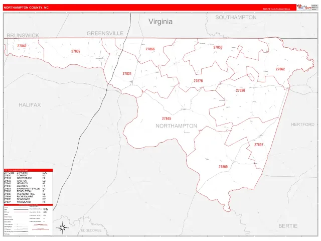 Northampton County, NC ZIP Code Wall Map, RedLine style