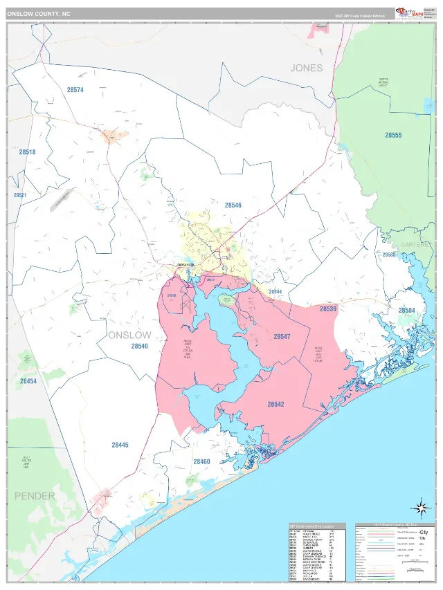 Onslow County, NC ZIP Code Wall Map, Classic style