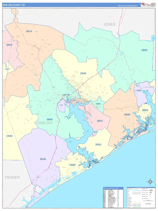 Onslow County, NC ZIP Code Wall Map, ColorCast style