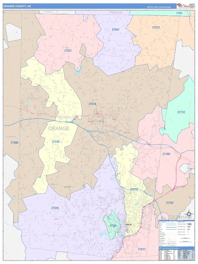 Orange County, NC ZIP Code Wall Map, ColorCast style