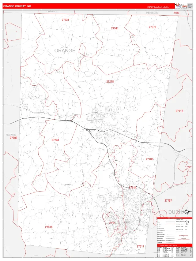 Orange County, NC ZIP Code Wall Map, RedLine style