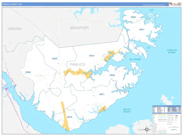 Pamlico County, NC ZIP Code Wall Map, Business Reference style