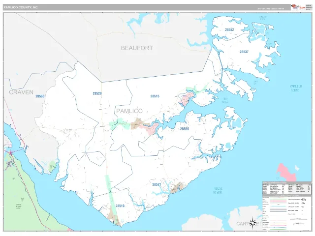 Pamlico County, NC ZIP Code Wall Map, Classic style