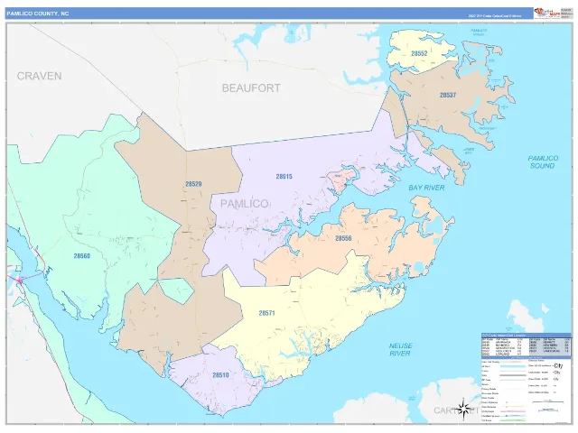 Pamlico County, NC ZIP Code Wall Map, ColorCast style