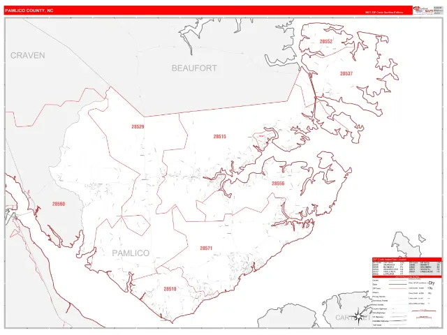 Pamlico County, NC ZIP Code Wall Map, RedLine style