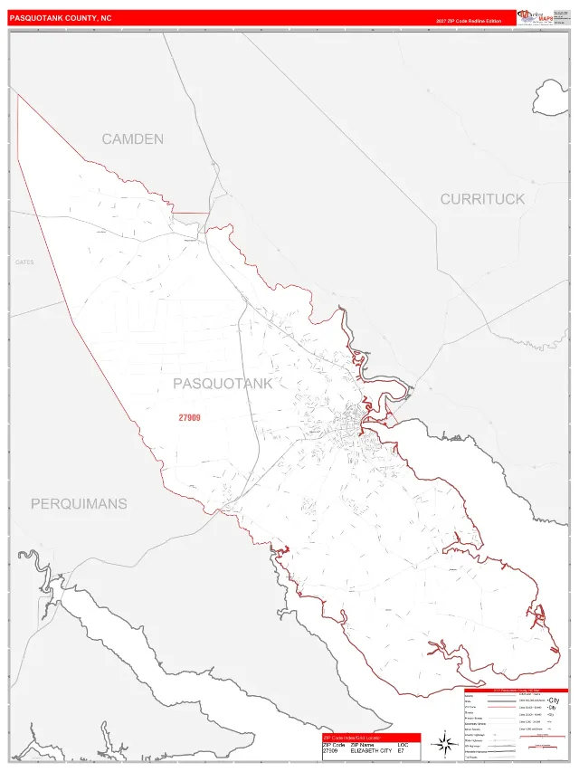 Pasquotank County, NC ZIP Code Wall Map, RedLine style