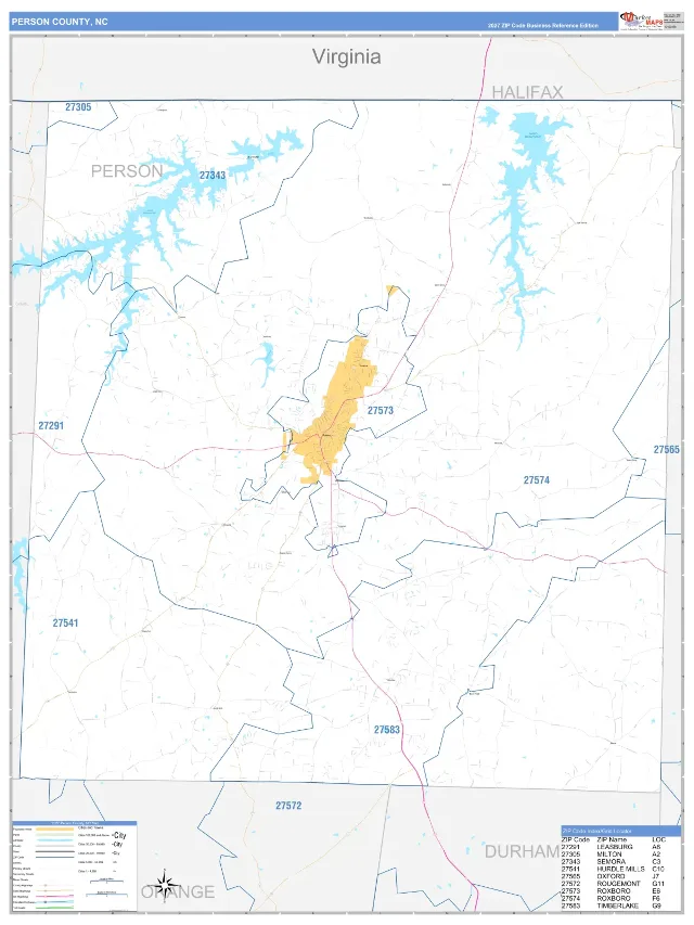 Person County, NC ZIP Code Wall Map, Business Reference style