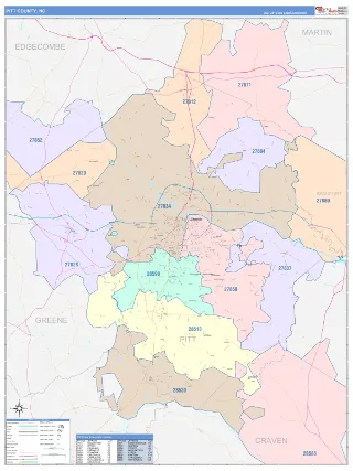 Pitt County, NC ColorCast style ZIP Code wall map