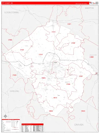 Pitt County, NC RedLine style ZIP Code wall map