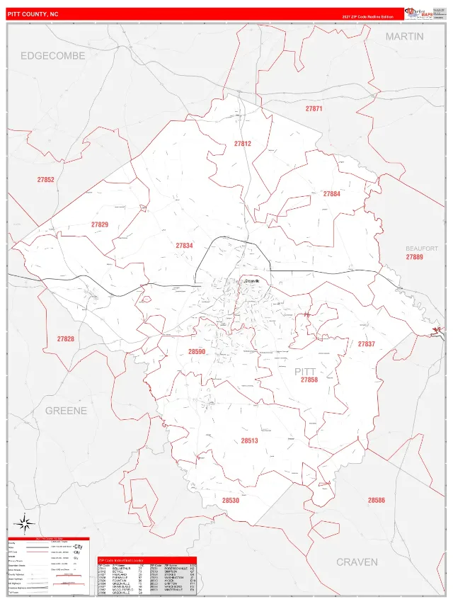 Pitt County, NC ZIP Code Wall Map, RedLine style