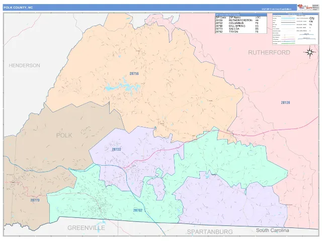 Polk County, NC ZIP Code Wall Map, ColorCast style