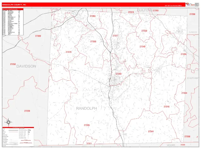 Randolph County, NC ZIP Code Wall Map, RedLine style