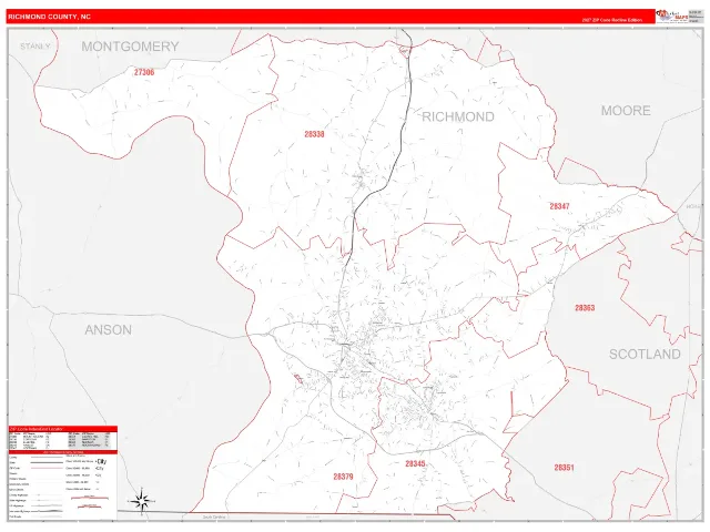 Richmond County, NC ZIP Code Wall Map, RedLine style