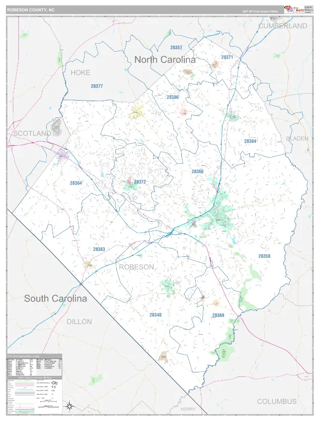 Robeson County, NC ZIP Code Wall Map, Classic style