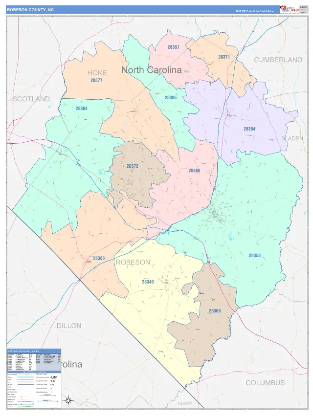 Robeson County, NC ZIP Code Wall Map, ColorCast style