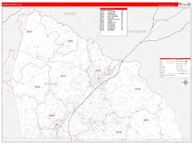 Rowan County, NC ZIP Code Wall Map, RedLine style