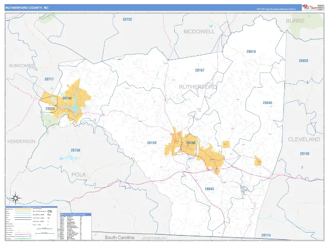 Rutherford County, NC ZIP Code Wall Map, Business Reference style