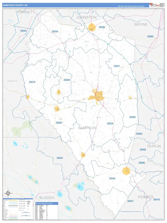Sampson County, NC ZIP Code Wall Map, Business Reference style