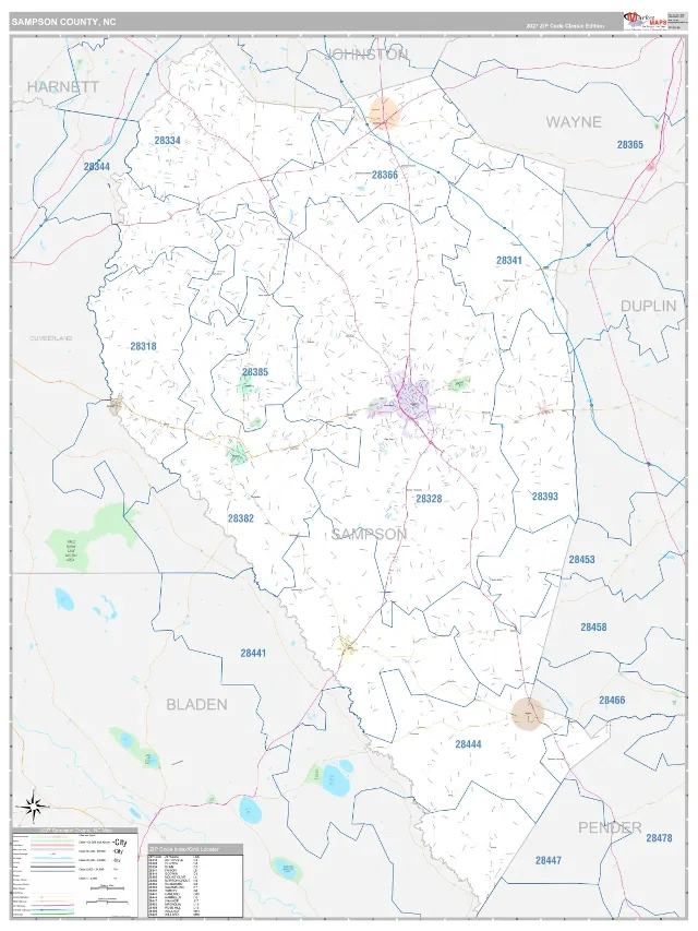 Sampson County, NC ZIP Code Wall Map, Classic style