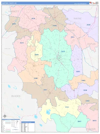 Sampson County, NC ColorCast style ZIP Code wall map