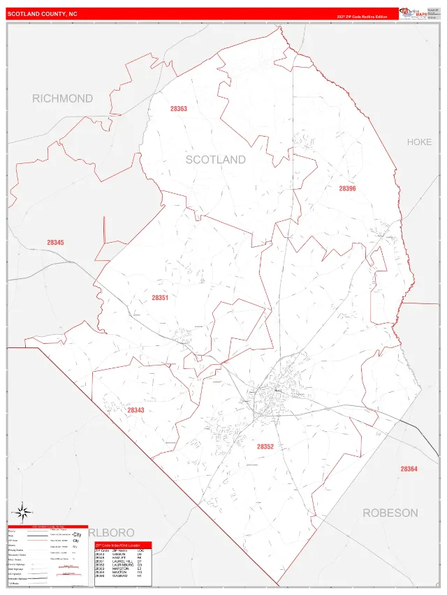 Scotland County, NC ZIP Code Wall Map, RedLine style