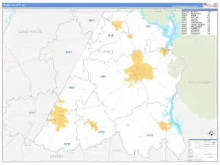 Stanly County, NC Business Reference style ZIP Code wall map